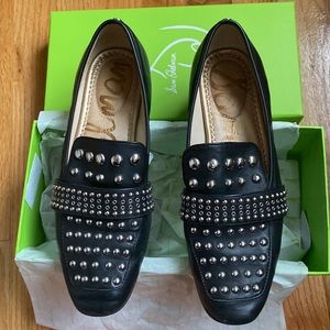 Sam Edelman Silver Studded Black Leather Loafers Flats Sz 6.5